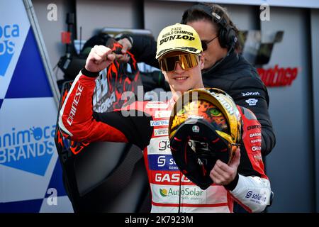 Phillip Island Circuit, Melbourne, Australia. 16 ottobre 2022. Izan Guevara vince il World Moto 3 Championship dopo una lotta a quattro vie per il titolo. Foto Stock