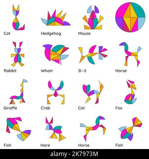 Set di Tangram Puzzle. Cerchio magico. Animali. Illustrazione Vettoriale