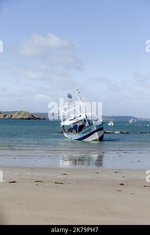 Francia / Bretagna / Saint Brieuc - dimostrazione sulla spiaggia centrale di Erquy (baia di Saint Brieuc) contro il parco eolico che vedrà la luce del giorno. Ailes Marines e RTE prevedono di installare un centinaio di turbine eoliche a circa quindici chilometri dalla riva e di seppellire un cavo da 225.000 volt sotto la spiaggia per il trasporto di elettricità. Foto Stock