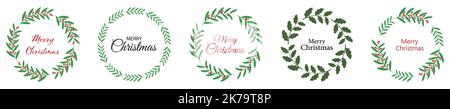 Corona di Natale con elementi floreali invernali. Decorazioni per le vacanze per biglietti d'invito, poster, banner, biglietti d'auguri, cartoline, imballaggio. Vettore illus Illustrazione Vettoriale