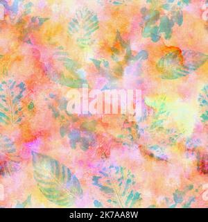 Astratto autunno thanksgiving foglia acquerello tracce modello senza cuciture. Delicato acquerello colorato foglie ornamento su sfondo multicolore. Stampa info Foto Stock