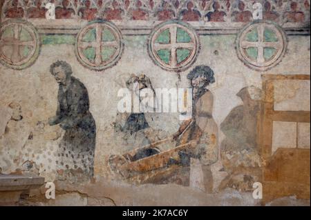 Murale minerario medievale nella chiesa di Santa Barbara a Kutna Hora, Repubblica Ceca. Si tratta di una vecchia area mineraria dell'argento. I minatori sono raffigurati con le attrezzature. Foto Stock