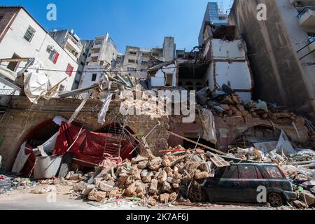 ©CAROLINE BLUMBERG/MAXPPP - BEIRUT, 14 agosto 2020 - danni a Beirut, Libano, 14 2020 agosto. Una settimana dopo le esplosioni che hanno devastato Beirut, il primo ministro libanese Hassan Diab ha annunciato le dimissioni del suo governo. Foto Stock