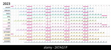 Calendario lineare per 2021 anno. Modello di stampa per la progettazione di articoli di cancelleria. Pianificatore annuale del calendario. Set di 12 mesi. Modello di pianificazione con mesi. Inizio settimana Illustrazione Vettoriale