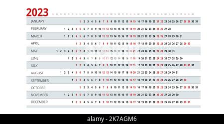 Calendario lineare per 2021 anno. Modello di stampa per la progettazione di articoli di cancelleria. Pianificatore annuale del calendario. Set di 12 mesi. Modello di pianificazione con mesi. Inizio settimana Illustrazione Vettoriale