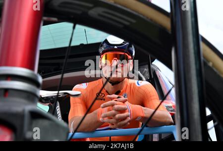 ©PHOTOPQR/LE TELEGRAM/NICOLAS CREACH ; ; 26/08/2020 ; FOTO NICOLAS CREACH / LE TELEGRAM.cyclisme Plouay ( 56 ) LE 26082020 Championnat d'Europe Elite homme Mathieu Van Der Poel avant le départ. Campionati europei di ciclismo a Plouay, Francia, 246 agosto 2020. Foto Stock