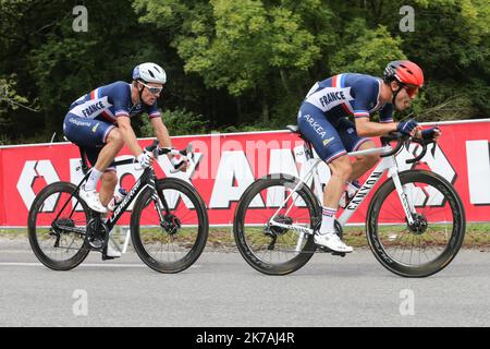 ©PHOTOPQR/OUEST FRANCE/QUEMENER YVES-MARIE ; Plouay ; 26/08/2020 ; Championnat d'Europe à Plouay. Thomas BOUDAT Arnaud DEMARE corso élite hommes. Foto Yves-marie Quemener / Ouest-France - Campionato europeo di ciclismo a Plouay, Francia Foto Stock