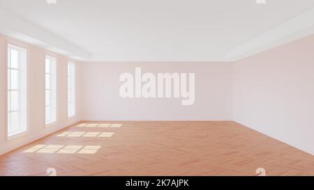 Interni soleggiati con pareti blu scuro, tre grandi finestre, cornicione bianco soffitto, pavimento in parquet a spina di pesce lucido e un plinto bianco. illustrazione 3d Foto Stock