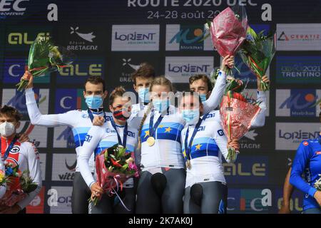 ©PHOTOPQR/OUEST FRANCE/QUEMENER YVES-MARIE ; Plouay ; 28/08/2020 ; Championnat d'Europe à Plouay. Corso en relais mixte. 1 Allemagne 2. Suisse 3. Foto Italie Yves-marie Quemener / Ouest-France Foto Stock