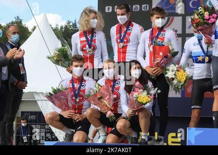 ©PHOTOPQR/OUEST FRANCE/QUEMENER YVES-MARIE ; Plouay ; 28/08/2020 ; Championnat d'Europe à Plouay. Corso en relais mixte. 1 Allemagne 2. Suisse 3. Foto Italie Yves-marie Quemener / Ouest-France Foto Stock