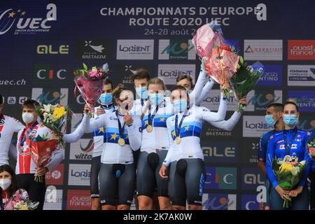 ©PHOTOPQR/OUEST FRANCE/QUEMENER YVES-MARIE ; Plouay ; 28/08/2020 ; Championnat d'Europe à Plouay. Corso en relais mixte. 1 Allemagne 2. Suisse 3. Foto Italie Yves-marie Quemener / Ouest-France Foto Stock