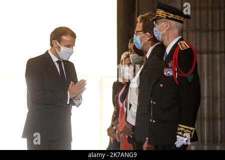 @ Pool/ Stephane Lemouton/Maxppp, Francia, parigi, 2020/09/04 il Presidente francese Emmanuel Macron durante una cerimonia per celebrare il 150th° anniversario della proclamazione della terza Repubblica francese al Pantheon, a Parigi il 4 settembre 2020 Foto Stock