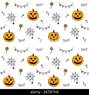 Halloween disegno di cartoni animati doodle. Zucca, dolci, ragnatela, ragno, ghirlanda. Elementi di cartone isolato su sfondo bianco. Motivo senza interruzioni. Han Illustrazione Vettoriale