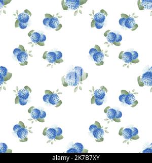 Acquerello motivo idrangea senza cuciture. Ortensia blu con foglie su sfondo bianco. Foto Stock