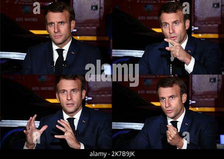 ©PHOTOPQR/L'EST REPUBLICAIN/ALEXANDRE MARCHI ; NANCY ; 07/10/2020 ; TEMPETE ALEX - INTEMPERIES - ALPES MARITIMES - MACRON - ENTRETIEN TELESCRIVENTE - TELEVISIONE. Nancy 7 ottobre 2020. Le président de la République, Emmanuel MACRON, répond aux questions des journalistes des chaînes de télévisions TF1 et France 2 en direct de Saint-Martin-Vésubie après le passage de la tempête Alex dans les Alpes-Maritimes. SCATTA LA FOTO ALEXANDRE MARCHI. - Francia meridionale Alex tempesta aftermath ottobre 7 2020 Foto Stock