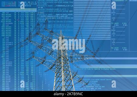 Immagine simbolica infrastrutture critiche, pericolo di blackout, cyberterrorismo, piloni ad alta tensione di 380 KV e 110 KV linee ad alta tensione, in Herne città bo Foto Stock