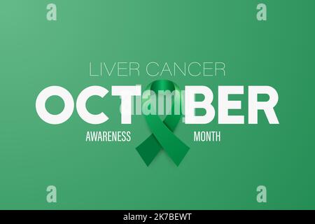 Ottobre. Banner cancro al fegato, scheda, cartellino con Vector 3D Ribbon verde smeraldo realistico su sfondo verde. Simbolo del mese di consapevolezza del cancro al fegato Illustrazione Vettoriale
