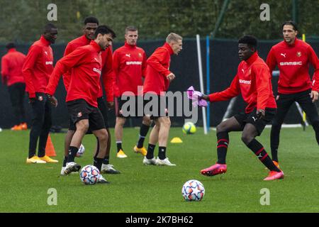 ©PHOTOPQR/OUEST FRANCE/Philippe RENAULT ; Rennes ; 27/10/2020 ; entraînement du Stade Rennais Football Club, à la veille du match de Ligue des Champions contre le FC Séville. Martin TERRIER Foto Philippe Renault / Ouest-France - 2020/10/27. Allenamento dello Stade Rennais Football Club, alla vigilia della partita di Champions League contro il FC Siviglia. Foto Stock