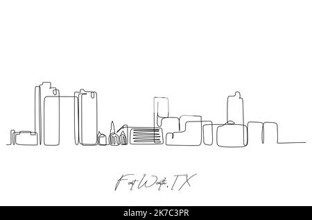 Un disegno a linea singola dello skyline di Fort Wort, Stati Uniti. Storico paesaggio della città nel mondo. Migliore destinazione di vacanza. Traccia modificabile trendy Illustrazione Vettoriale