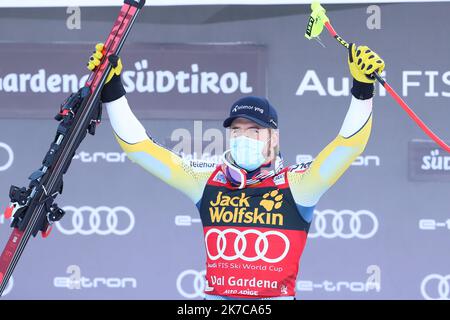 ©Pierre Teyssot/MAXPPP ; Coppa del mondo di sci alpino FIS - focolaio di Covid-19 - 2nd evento di sci alpino maschile il 19/12/2020 in Val Gardena, GrÃ¶den, Italia. Aleksander Kilde (NOR) sul podio Â© Pierre Teyssot/Maxppp Foto Stock