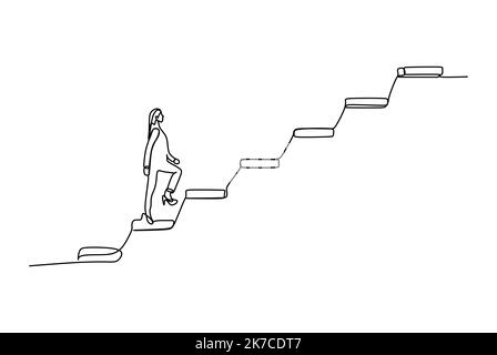 Business and Education Concept - sorridente donna d'affari che sale scala - disegno continuo a una linea Illustrazione Vettoriale