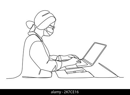 Donna che lavora su un computer portatile indossando una maschera protettiva per prevenire le infezioni da virus - disegno continuo di una linea Illustrazione Vettoriale