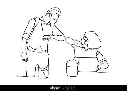 Business partner waring maschera protettiva, incontrare e fare gomito bumping. Disegno continuo a una linea Illustrazione Vettoriale