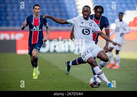 Aurelien Morissard / IP3; IL SOUMARE Boubakary di Lille contro la Parigi Moise KEAN di Saint Germain durante il campionato francese Ligue 1 partita di calcio tra Parigi Saint Germain (PSG) e Lille il 03 aprile 2021 allo stadio Parc des Princes di Parigi, Francia. Foto Stock