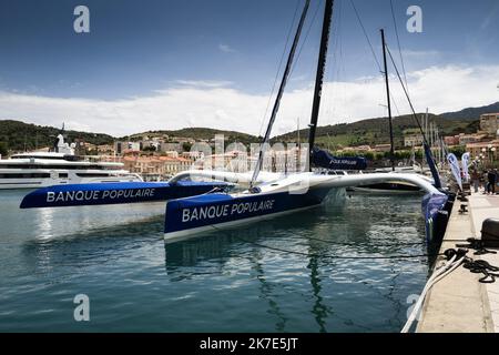 ©Nicolas Parent/MAXPPP - le navigateur Armel le Cléac'h présente son nouveau maxi trimaran ultim Banque populaire XI à Port Vendres. - Navigatore francese Armel le Cléac'h con il suo nuovo trimarano giugno 23 2021 Foto Stock