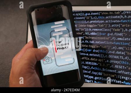 ©PHOTOPQR/l'ALSACE/Jean-Francis FREY ; ; 20/07/2021 ; le logiciel espion Pegasus le 20 juillet 2021. – Gli attivisti dei diritti, i giornalisti e gli avvocati di tutto il mondo sono stati colpiti da malware telefonico venduto ai governi autoritari da una società di sorveglianza israeliana, dicono i media. Foto Stock