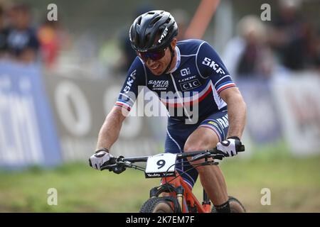 ©Pierre Teyssot/MAXPPP ; UCI 2021 Mountain Bike Cross Country World Championships in Commezzadura il 28 agosto 2021. Uomini olimpici, Maxime Marotte (fra). Â Pierre Teyssot / Maxppp Foto Stock