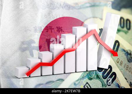Grafico economico - freccia verso il basso, Bandiera giapponese e banconote in yen giapponesi in contanti Foto Stock