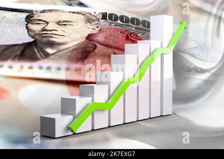 Grafico economico: Freccia in aumento, Bandiera del Giappone e banconote in yen giapponesi in contanti Foto Stock