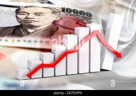 Grafico economico - freccia verso il basso, Bandiera giapponese e banconote in yen giapponesi in contanti Foto Stock