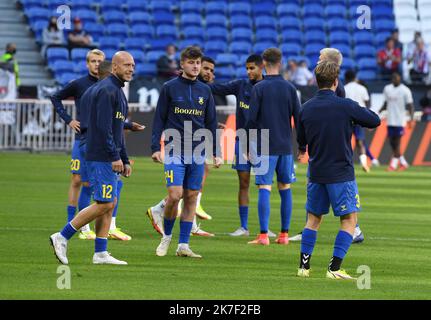 ©Mourad ALLILI/MAXPPP - Plyers Brondby IF durante il gruppo UEFA Europa Ligue Una partita di calcio tra Olympique Lyonnais e Brondby IF presso lo stadio Groupama di Decines-Charpieu vicino Lione, Francia centro-orientale il 30 settembre 2021. Foto Stock