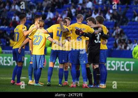 ©Mourad ALLILI/MAXPPP - Team Brondby IF durante il gruppo UEFA Europa Ligue Una partita di calcio tra Olympique Lyonnais e Brondby IF presso lo stadio Groupama di Decines-Charpieu vicino Lione, Francia centro-orientale il 30 settembre 2021. Foto Stock