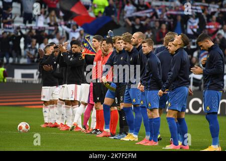 ©Mourad ALLILI/MAXPPP - giocatori Brondby IF durante il gruppo UEFA Europa Ligue Una partita di calcio tra Olympique Lyonnais e Brondby IF presso lo stadio Groupama di Decines-Charpieu vicino Lione, Francia centro-orientale il 30 settembre 2021. Foto Stock