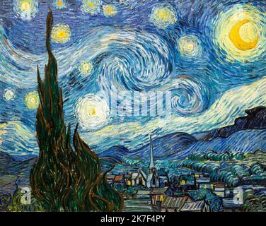 ©Active Museu/MAXPPP - ActiveMuseum 0000323.jpg / la nuit etoilee - Vincent Van Gogh (1889) - / 1889 - / Vincent van Gogh / Peinture Active Museum / le Pictorium Audio-Guide , Chiesa , campo , collina , orizzontale , Paesaggio , Luna , Notte , Postimpressionismo , tetto , Stella , cielo stellato , Villaggio degli alberi , Bouches-du-Rhone-de-Provence ,Francia-de-Provence-Remone-Alpes Europa, 19th ° secolo, Van Gogh, Pittura , Foto Stock