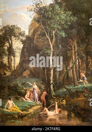 ©Active Museu/MAXPPP - ActiveMuseum 0000458.jpg / Diana et Actaeon - Jean-Baptiste Camille Corot (1836) - 1836 - / Jean-Baptiste Camille Corot / Peinture Active Museum / le Pictorium Antica Grecia ,Fiori acquatici ,bagno ,Cliff ,cielo nuvoloso ,cane ,Fiore ,Foresta ,Greco ,mitologia ,natura ,Fiume (piccolo) , roccia ,Telo ,albero ,verticale ? Diana, ,Actaeon, 19th ° secolo, Jean-Baptiste-Camille Corot, Pittura , Foto Stock