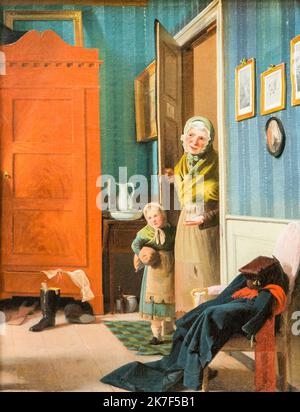 ©Active Museu/MAXPPP - ActiveMuseum 0000785.jpg / la visite de la Mendiante, 1829 - Wilhelm Bendz 1829 - / Wilhelm Bendz / Peinture Active Museum / le Pictorium Beggar, stivale, sedia, cassettiera, Bambino, mantello, armadio, pittura danese, porta, Fiera (fiera), ragazza, Casa, piccola ragazza, Vecchia donna, vela, da visitare, verticale, Donna, 19th ° secolo, Wilhelm Bendz, Pittura, Foto Stock