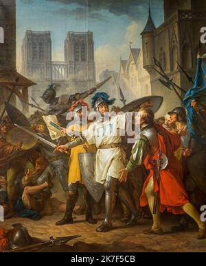 ©Active Museu/MAXPPP - ActiveMuseum 0000813.jpg / la Reprise de Paris sur les Anglais, 1787 - Jean-Simon Barthelemy 1787 - / Jean-Simon Barthelemy / Peinture Active Museum / le Pictorium Armor ,Axe ,Battaglia ,Città ,morte ,Inglese ,Francese ,Grande timone ,Medioevo ,Scudo ,Soldato ,verticale ,Guerra ,arma ,Europa ,Francia ,Ile-de-France (regione) ,Parigi ,Europa Occidentale ,18th ° secolo ,Jean-Simon Barthelemy ,Pittura , Foto Stock