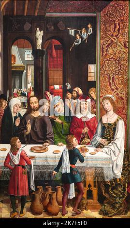 ©Active Museu/MAXPPP - ActiveMuseum 0000886.jpg / Les noces de Cana, 1495 - le Maitre des Rois Catholiques - le nozze a Cana 1495 - / Maitre des Rois Catholique / Les noces de Cana, 1495 - le Maitre des Rois Catholiques - il matrimonio a Cana Active Museum / le Pictorium banchetto, Celebration pasto, pasto, miracolo, caraffa, Servant, servire (a), tavolo, arazzo, trasformazione, trombetta, verticale, acqua, matrimonio partito, vino, Gesù Cristo, XV secolo, Maestro dei Re Cattolici,? Les Noces de Cana ,1495 - le Maitre des Rois Catholiques - il matrimonio a C ? , Foto Stock