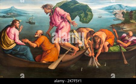 ©Active Museu/MAXPPP - ActiveMuseum 0001015.jpg / la Peche Miraculeuse, 1545 - Jacopo Bassano - la miracolosa pesca 1545 - / Jacopo Bassano / Peinture Active Museum / le Pictorium Apostolo, Aureola (religione), Barca, religione cattolica, pesca, rete di pesca, orizzontale, Lago, uomo, miracolo, Oar, preghiera, Santo, Mare, Shore, piccola barca, acqua, Gesù Cristo, San Pietro, 16th ° secolo, Jacopo Bassano ,Pittura , Foto Stock