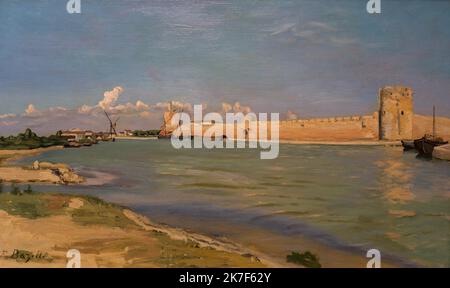 ©Active Museu/MAXPPP - ActiveMuseum 0001136.jpg / Les remparts d'Aigues-Mortes - Frederic Bazille (1867) 1867 - / Frederic Bazille / Peinture Active Museum / le Pictorium cielo blu ,Barca ,Impressionismo ,Mare ,Aigues-Mortes ,Europa ,Francia ,Gard ,Languedoc-Roussillon ,Europa occidentale ,19th ° secolo ,Frederic Bazille ,Pittura , Foto Stock