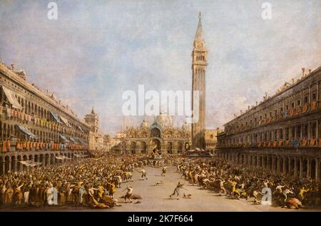 ©Active Museu/MAXPPP - ActiveMuseum 0001210.jpg / le Doge de Venise Alvise IV porte par les gondoliers apres son election sur la Place Saint Marc en 1763 , vers 1770 - Francesco Guardi 1770 - / Francesco Guardi / Peinture Active Museum / le Pictorium Basilica, Campanile, cielo nuvoloso, folla, Doge, elezione, orizzontale, Parata, Politica, Processione, Rinascimento, Piazza Urbana, Veduta, Europa, Italia, Basilica di San Marco, Piazza San Marco, Veneto, Venezia, Europa Occidentale, 18th ° secolo, Francesco Guardi ,Pittura , Foto Stock