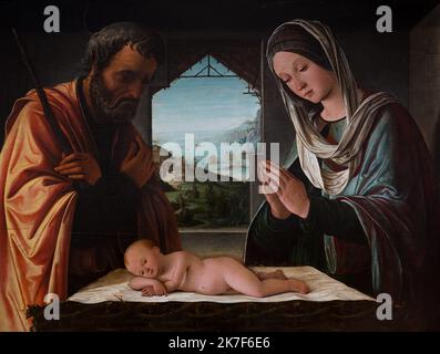 ©Active Museu/MAXPPP - ActiveMuseum 0001404.jpg / la Nativite, vers 1490 - Lorenzo Costa 1490 - / Lorenzo Costa / Peinture Active Museum / le Pictorium Baby , nascita , religione cattolica , Cowshed , Famiglia , Alto Rinascimento ,orizzontale ,uomo , Presepe , preghiera , Donna , Gesù Cristo , Giuseppe (padre di Gesù) , Maria (madre di Gesù) ,XV secolo ,Lorenzo Costa ,Pittura , Foto Stock