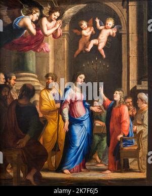 ©Active Museu/MAXPPP - ActiveMuseum 0001596.jpg / Gesù retrouve au Temple par ses parents, vers 1640 - Jacques Stella 1640 - / Jacques Stella / Peinture Active Museum / le Pictorium Angel , religione cattolica ,Chair ,Cherub ,Child ,Classicism ,Menorah ,parente ,Tempio ,Tempio (religione) ,verticale ,Gesù Cristo ,Giuseppe (padre di Gesù) ,Maria (Madre di Gesù), 17th ° secolo, Jacques Stella, Pittura , Foto Stock