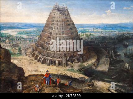 ©Active Museu/MAXPPP - ActiveMuseum 0001984.jpg / la Tour de babel, 1594 - Lucas van Valckenborch Huile sur bois 1594 - / Lucas van Valckenborch / Peinture Active Museum / le Pictorium architettura , Barca , lavori di costruzione , Cattolico (adj e sostantivo) ,Cristianesimo (religione) ,Dio ,Gruppo ,Porto ,orizzontale ,Re ,uomo ,orgoglio () ,rifiuto ,religione ,architettura religiosa ,credenza religiosa ,Barca a vela ,Soldato ,inginocchiarsi ,Torre ,Rinascimento () ,Lucas van Valckenborch ,Pittura , Foto Stock