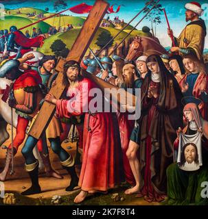 ©Active Museu/MAXPPP - ActiveMuseum 0002014.jpg / le Portement de Croix Huile sur toile et tempera sur panneau de bois 1480 - / Bagio d'Antonio / Peinture Active Museum / le Pictorium rabbia, Aureola (religione), Biblico, benedire (a), portando, cattolica (adj e sostantivo) ,Cristiano ,Cristianesimo ,Cristianesimo (religione) ,Croce ,Corona di spine ,fede ,paura ,pugno stretto ,odio ,casco ,collina ,Croce Santa ,Cavallo ,Cavallo ,Cavallo ,Signore Di Manor, uomo, martire, Messia, preghiera, pugno rialzato (il), religione, religioso, sacrificio, tristezza, santo (il), Figlio di Dio, quadrato, pietra ,Sofferenza ,con mani piegate ,Donna ,Isra Foto Stock