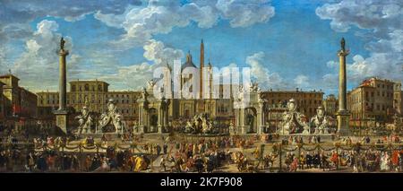 ©Active Museu/MAXPPP - ActiveMuseum 0002245.jpg / Preparation du feu d'artificice et de la decoration de la fete donnee sur la Place Navone a l'occasione de la nissance du Dauphin, fils de Louis XV 1729 - / Giovanni Paolo panini / Peinture Active Museum / le Pictorium Celebration , Celebrazione (festa) ,Chiesa ,folla ,decorazione ,pittura figurativa ,orizzontale ,Monumento ,Piazza Navona ,preparazione ,Roma ,Europa ,Italia ,Europa Occidentale ,18th ° secolo ,Giovanni Paolo panini ,Pittura , Foto Stock